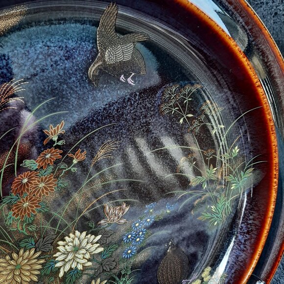 VTG  Serving Platter Grouse Birds Flowers Iridescent Pattern Japan Round 12" D - Picture 13 of 14